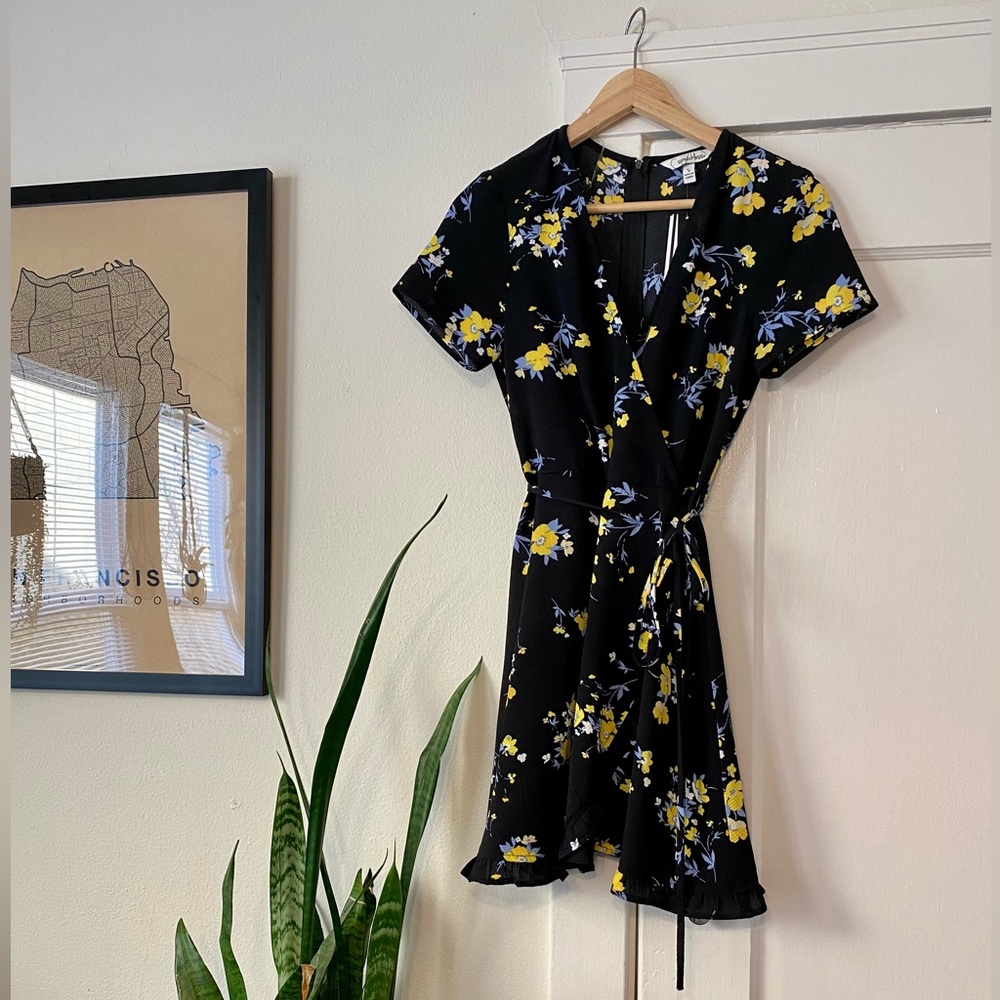 Brand new, black floral wrap dress, size S